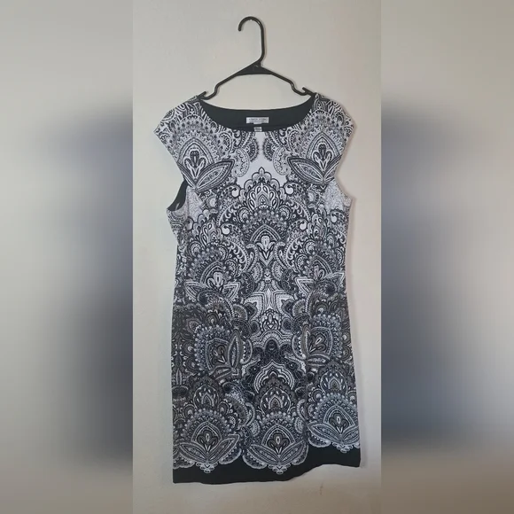 London Style Black White Paisley Office Dress Sleeveless Midi Size 16 - Picture 1 of 5